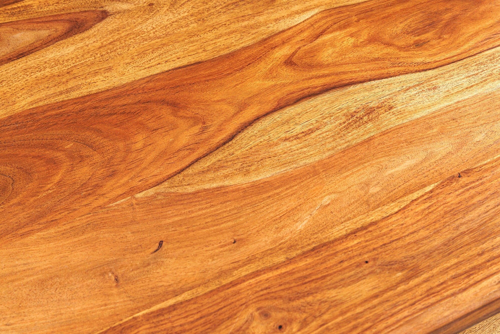 Table basse en bois massif ALPHA 90cm marron finition pierre de Sheesham pieds métal avec espace de rangement