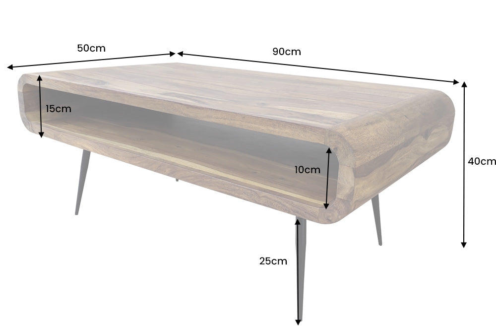 Table basse en bois massif ALPHA 90cm marron finition pierre de Sheesham pieds métal avec espace de rangement