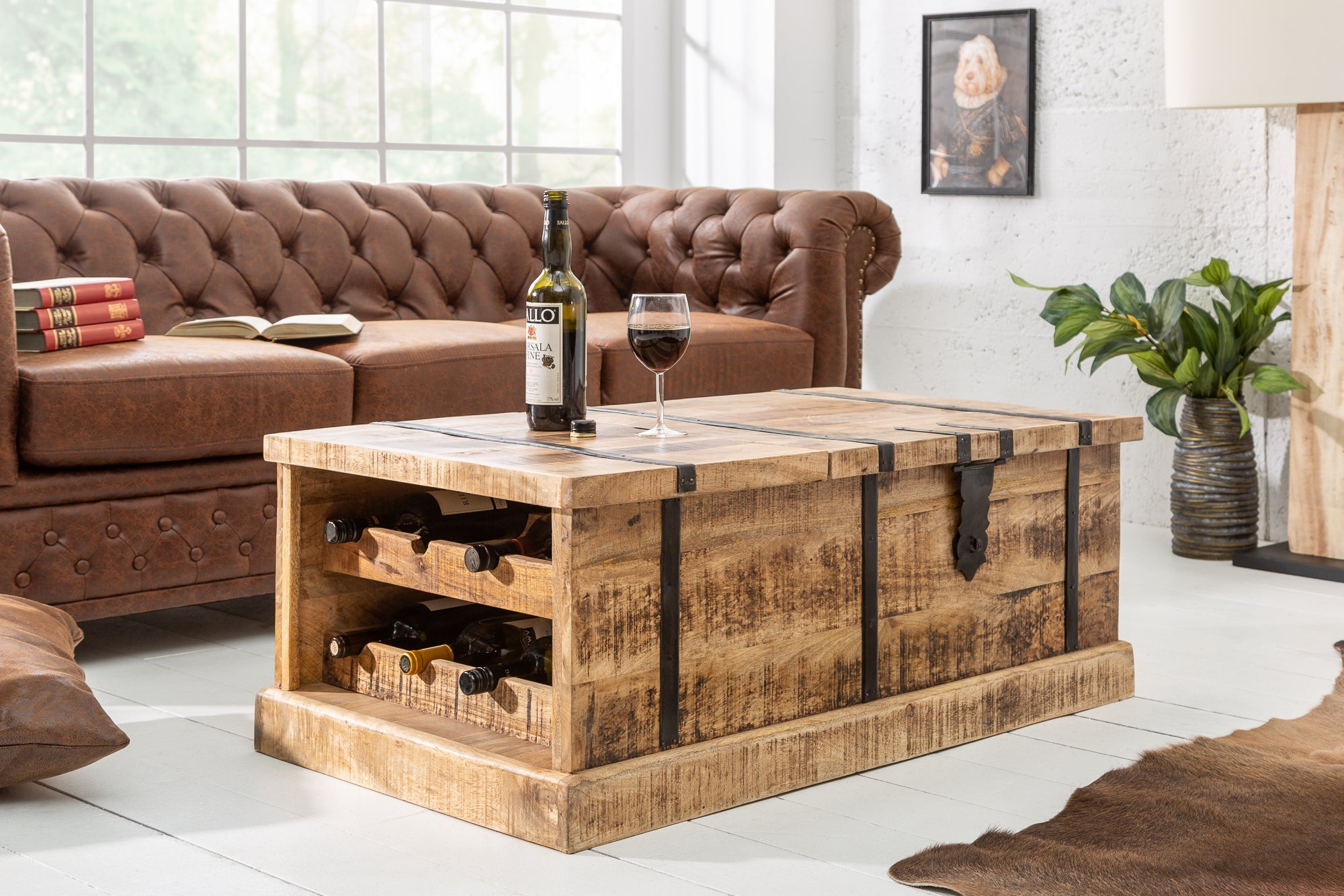 Table basse en bois massif BODEGA 100 cm, coffre de bar en bois de manguier avec espace de rangement