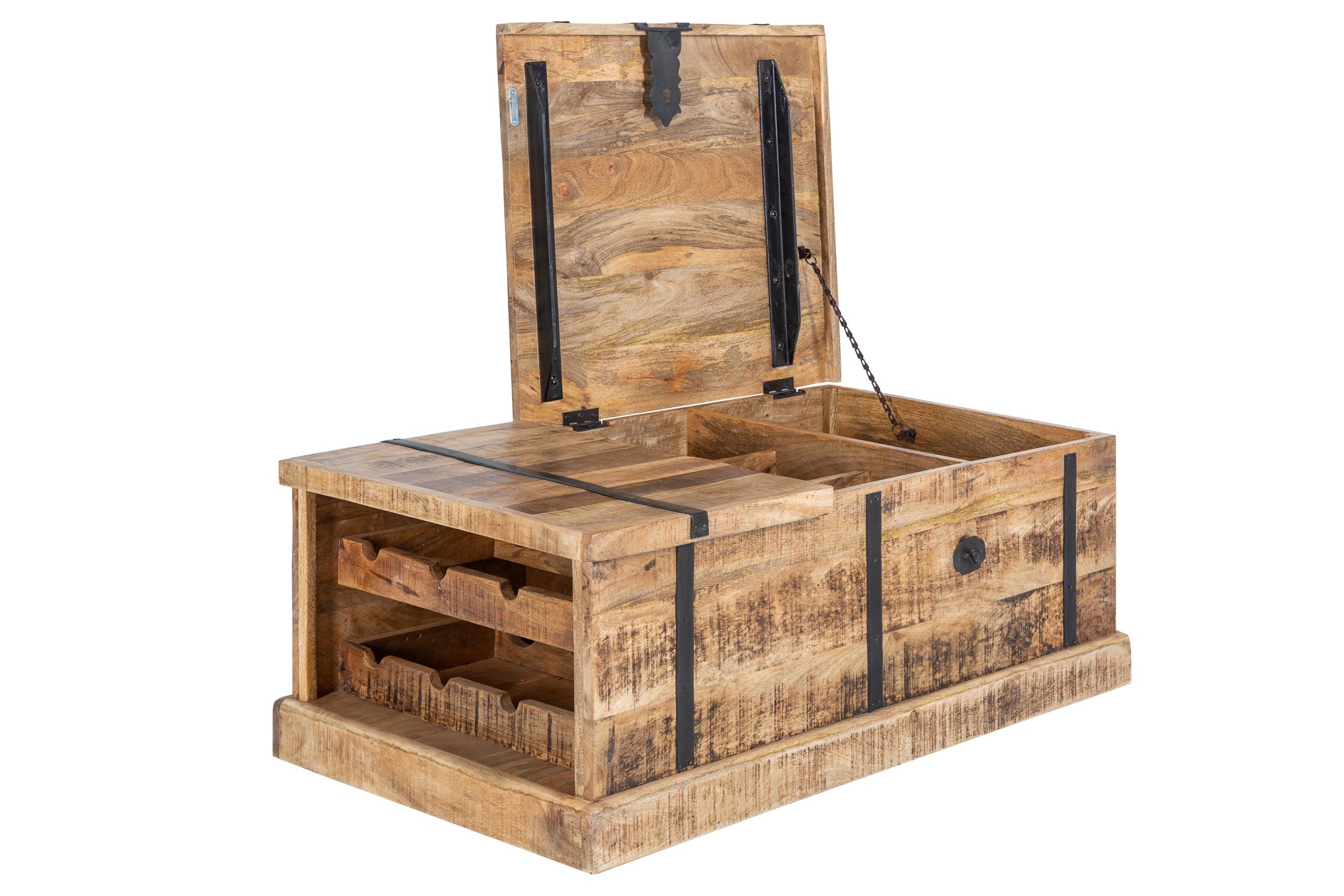 Table basse en bois massif BODEGA 100 cm, coffre de bar en bois de manguier avec espace de rangement