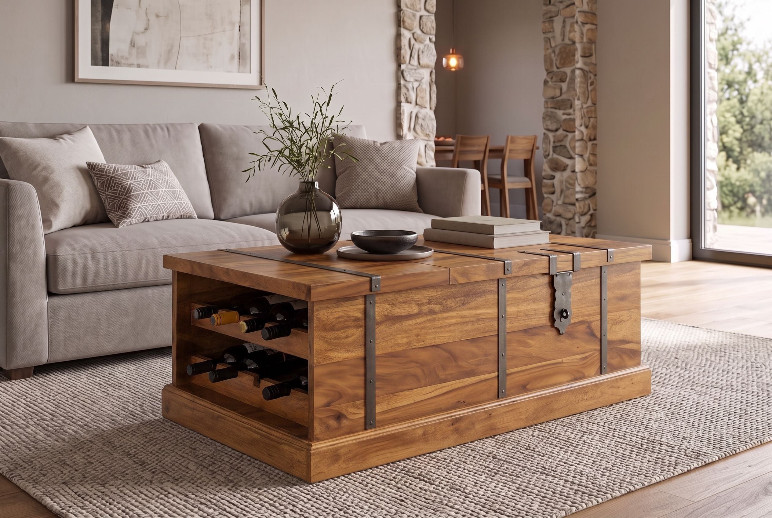 Table basse en bois massif BODEGA 100cm marron finition pierre de Sheesham coffre de rangement casier à vin
