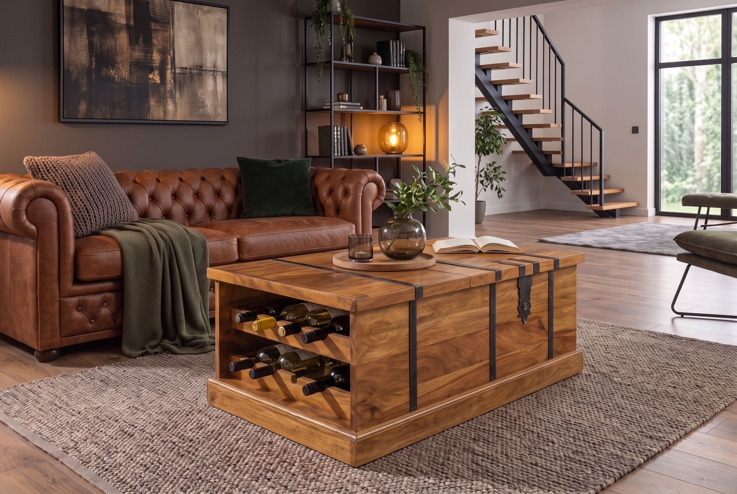 Table basse en bois massif BODEGA 100cm marron finition pierre de Sheesham coffre de rangement casier à vin