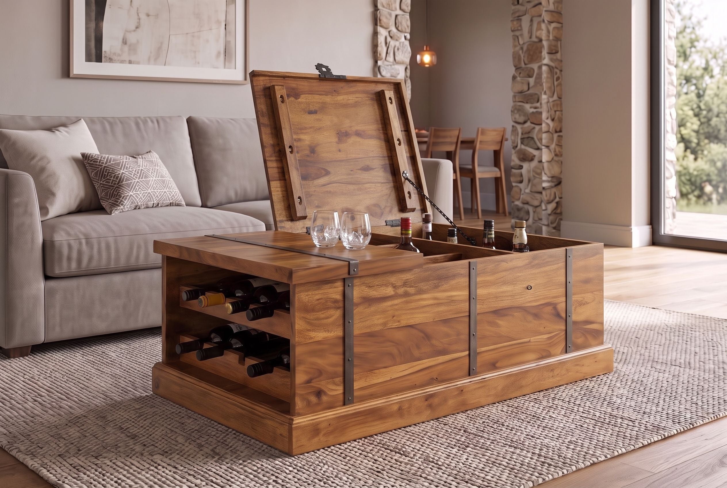 Table basse en bois massif BODEGA 100cm marron finition pierre de Sheesham coffre de rangement casier à vin