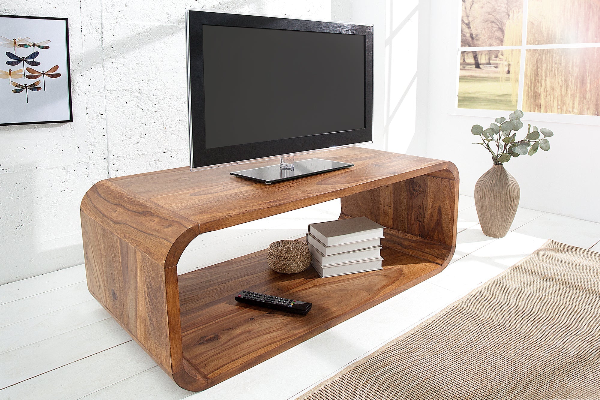 Table basse en bois massif CUBUS 100 cm marron finition pierre de Sheesham meuble TV design rétro
