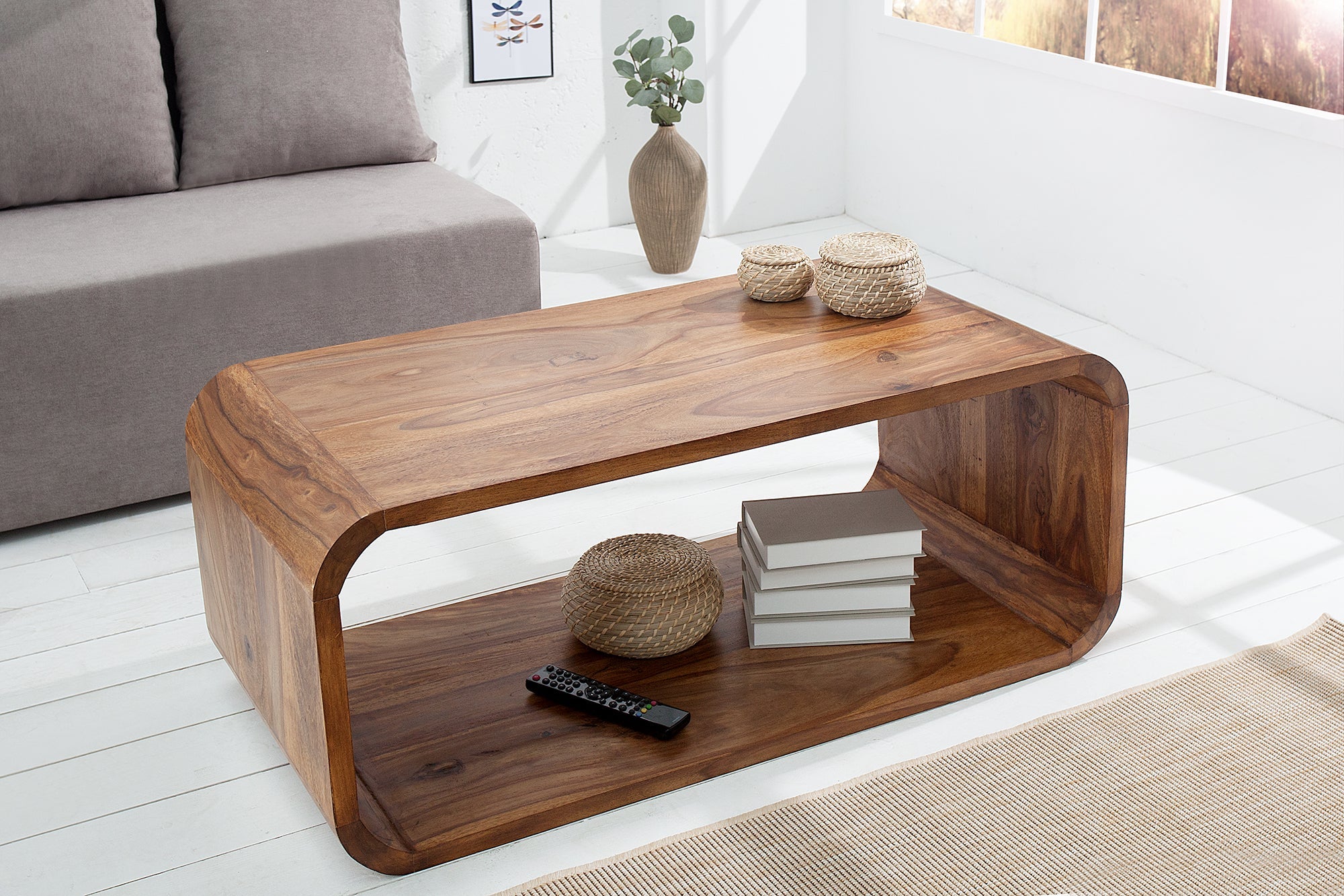 Table basse en bois massif CUBUS 100 cm marron finition pierre de Sheesham meuble TV design rétro