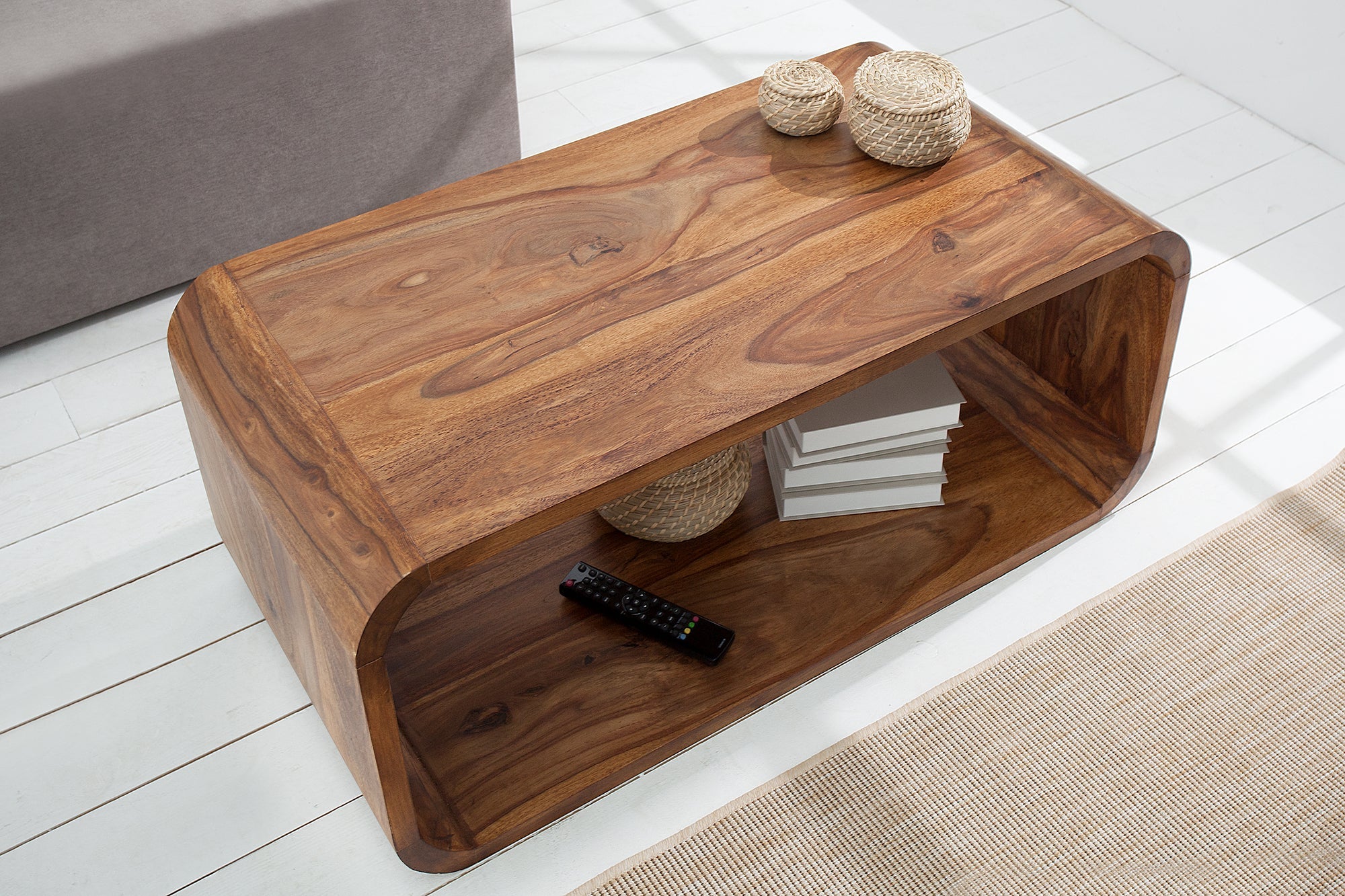 Table basse en bois massif CUBUS 100 cm marron finition pierre de Sheesham meuble TV design rétro