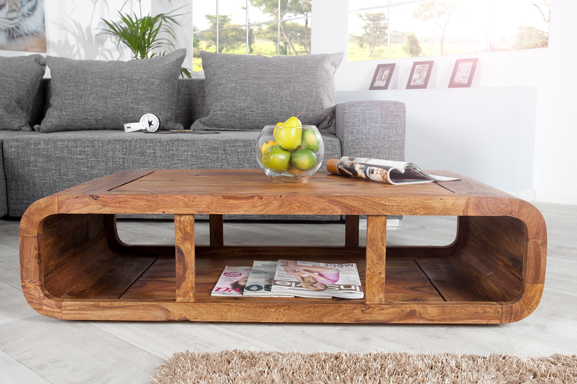 Table basse en bois massif CURVED 100cm finition pierre de Sheesham marron meuble TV bas espace de rangement