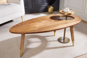 Table basse en bois massif GATSBY 110 cm marron doré manguier ovale ronde table d'appoint lot de 2 design rétro