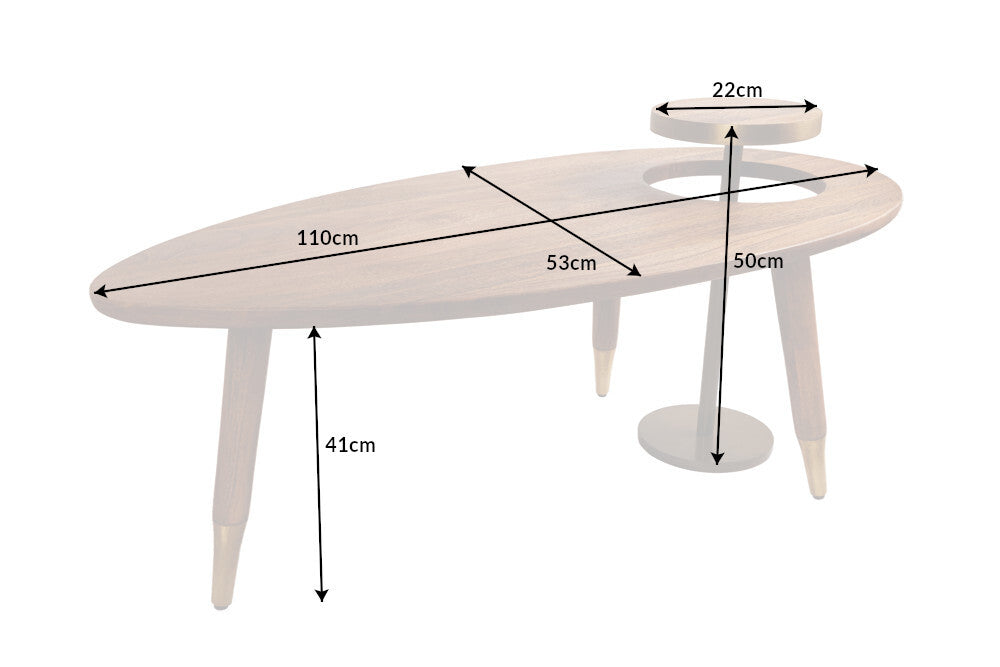 Table basse en bois massif GATSBY 110 cm marron doré manguier ovale ronde table d'appoint lot de 2 design rétro