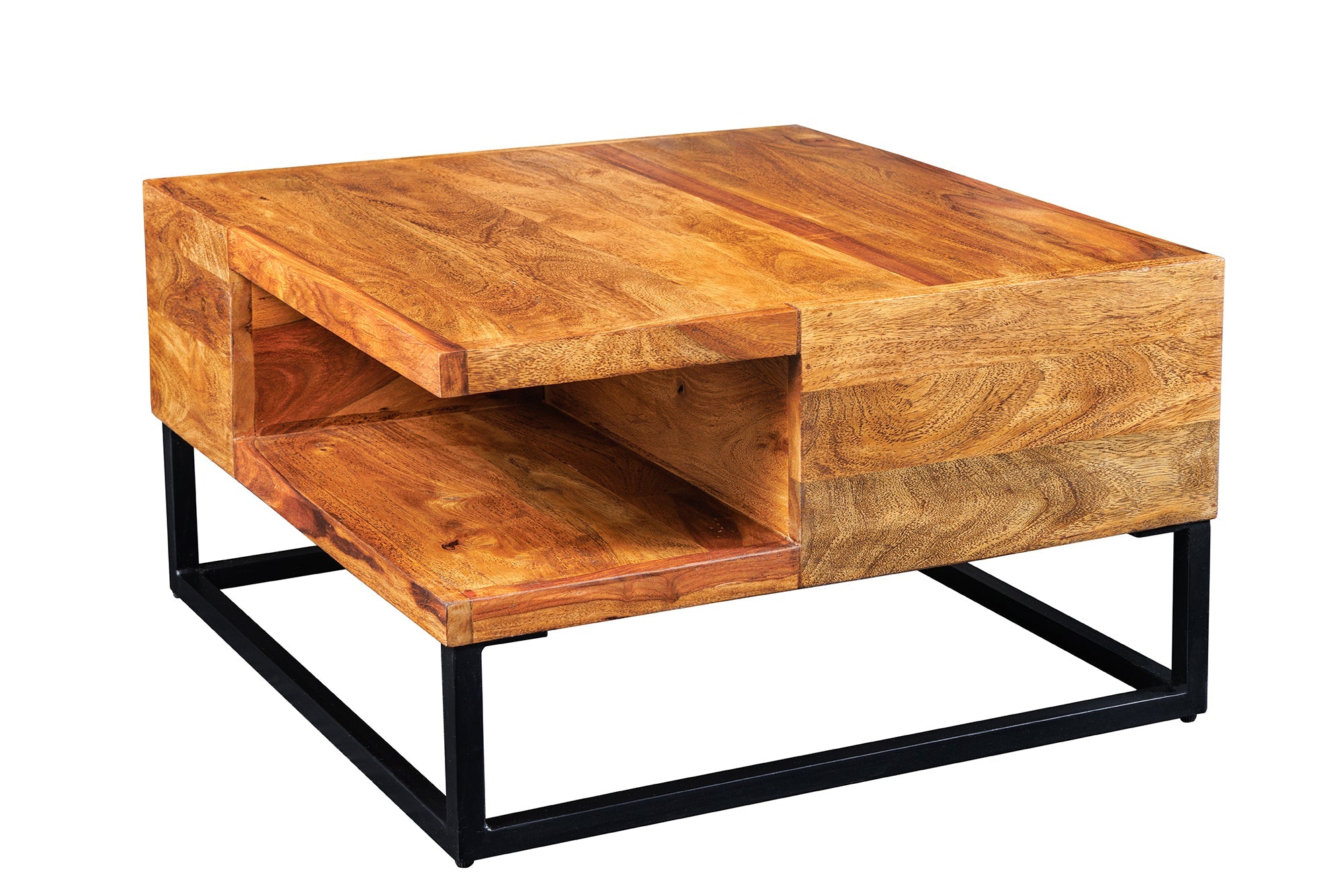 Table basse en bois massif GIANT 60cm marron finition pierre de Sheesham métal étagère noire