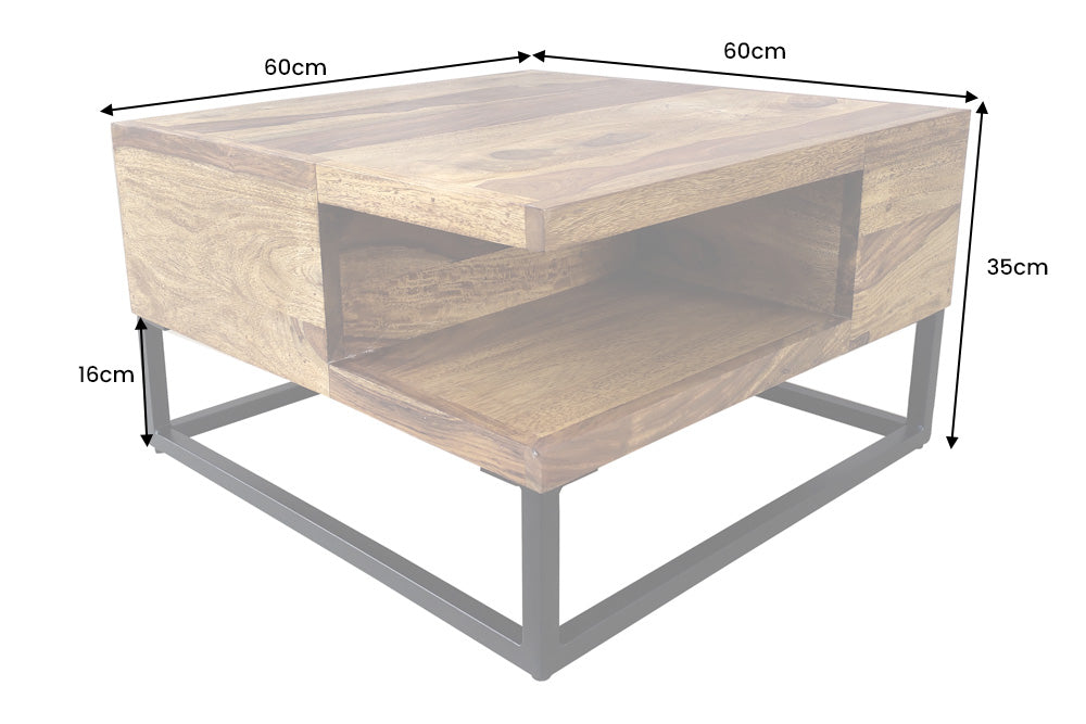 Table basse en bois massif GIANT 60cm marron finition pierre de Sheesham métal étagère noire