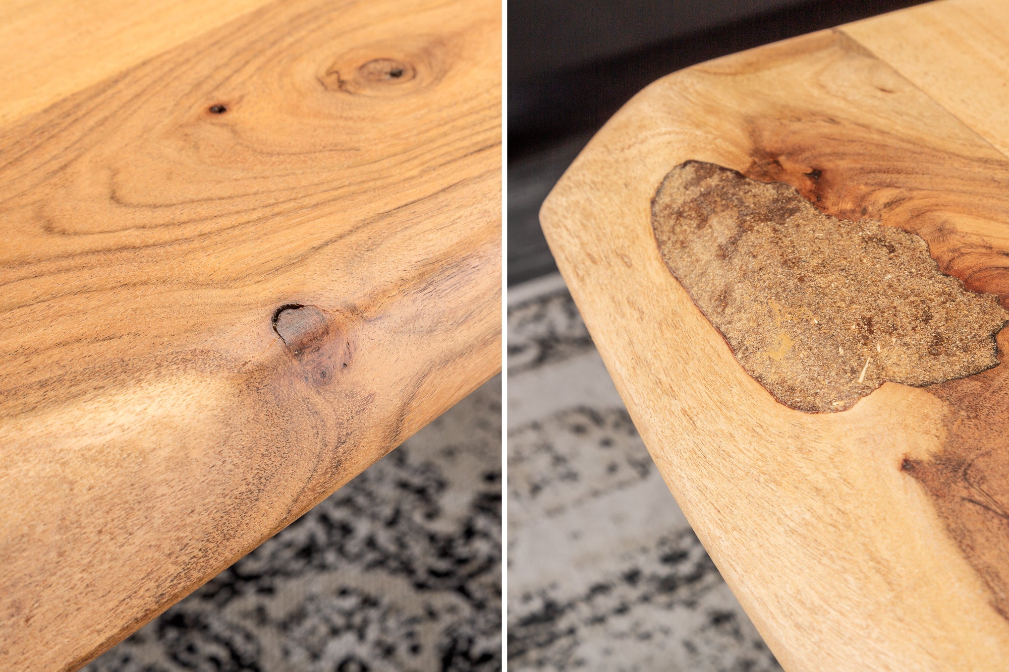 Table basse en bois massif MAMMUT 110cm bord acacia finition miel plateau 3,5cm