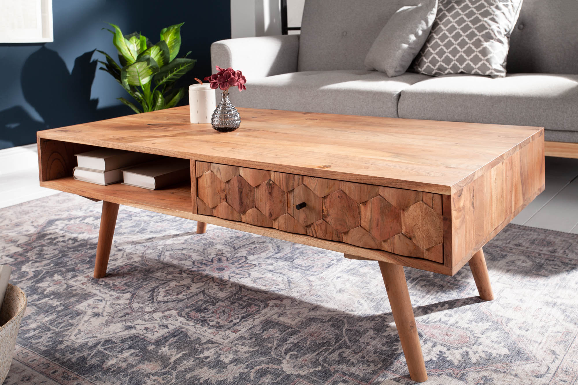 Table basse en bois massif MYSTIC LIVING 100cm acacia naturel avec rangement tiroirs compartiment de rangement