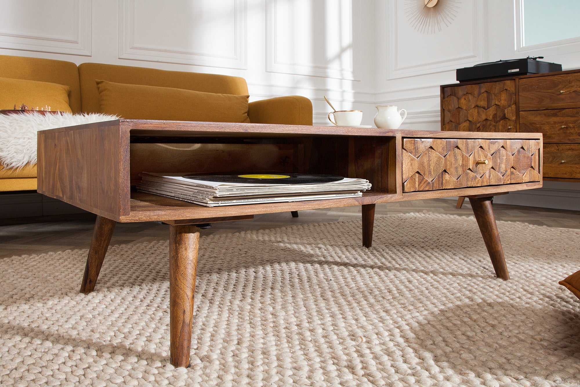 Table basse en bois massif MYSTIC LIVING 100cm finition pierre de Sheesham marron avec espace de rangement