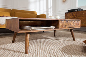 Table basse en bois massif MYSTIC LIVING 100cm finition pierre de Sheesham marron avec espace de rangement