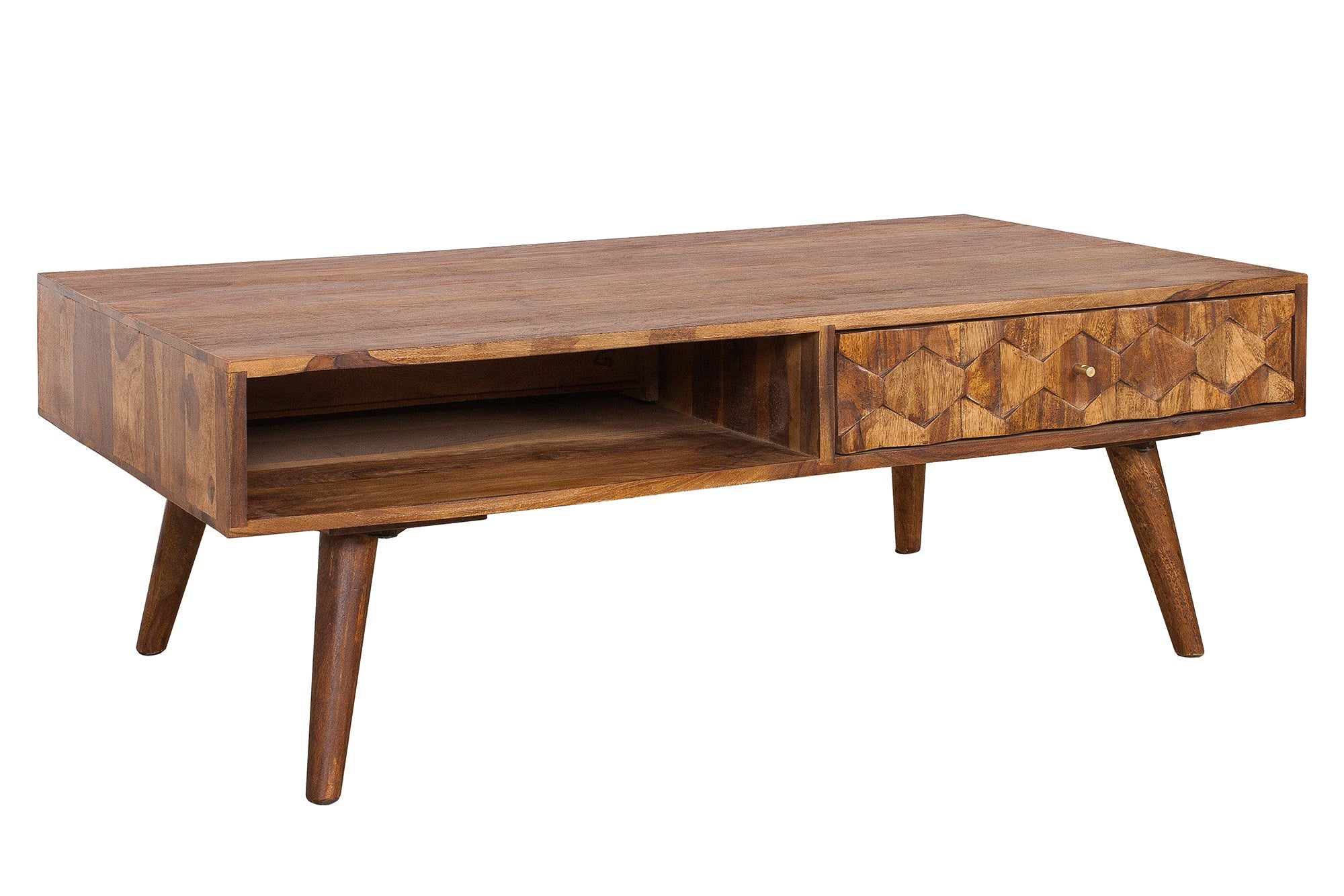 Table basse en bois massif MYSTIC LIVING 100cm finition pierre de Sheesham marron avec espace de rangement
