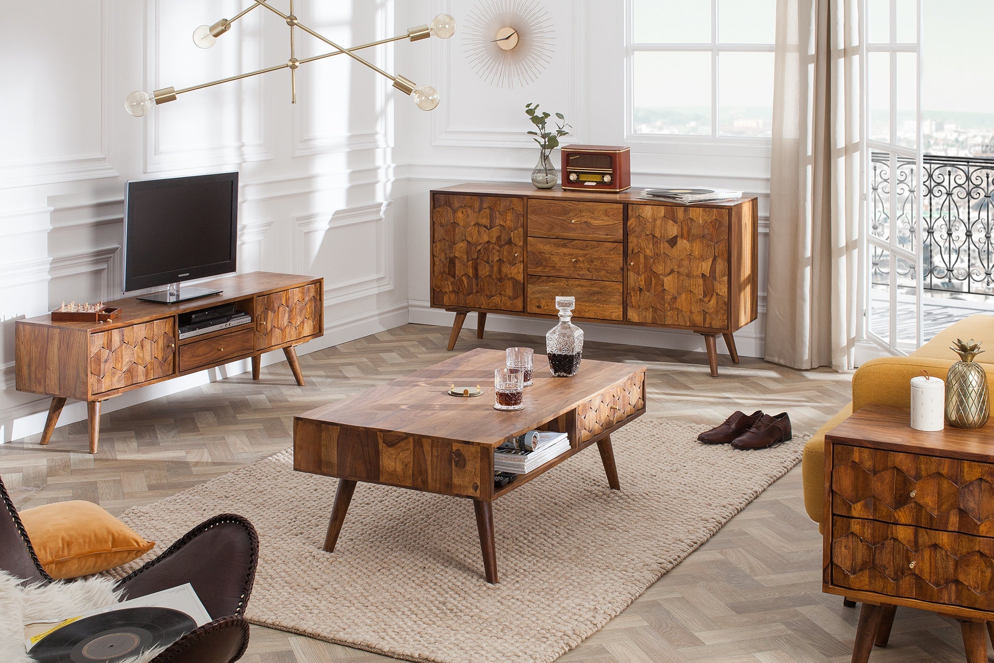 Table basse en bois massif MYSTIC LIVING 100cm finition pierre de Sheesham marron avec espace de rangement