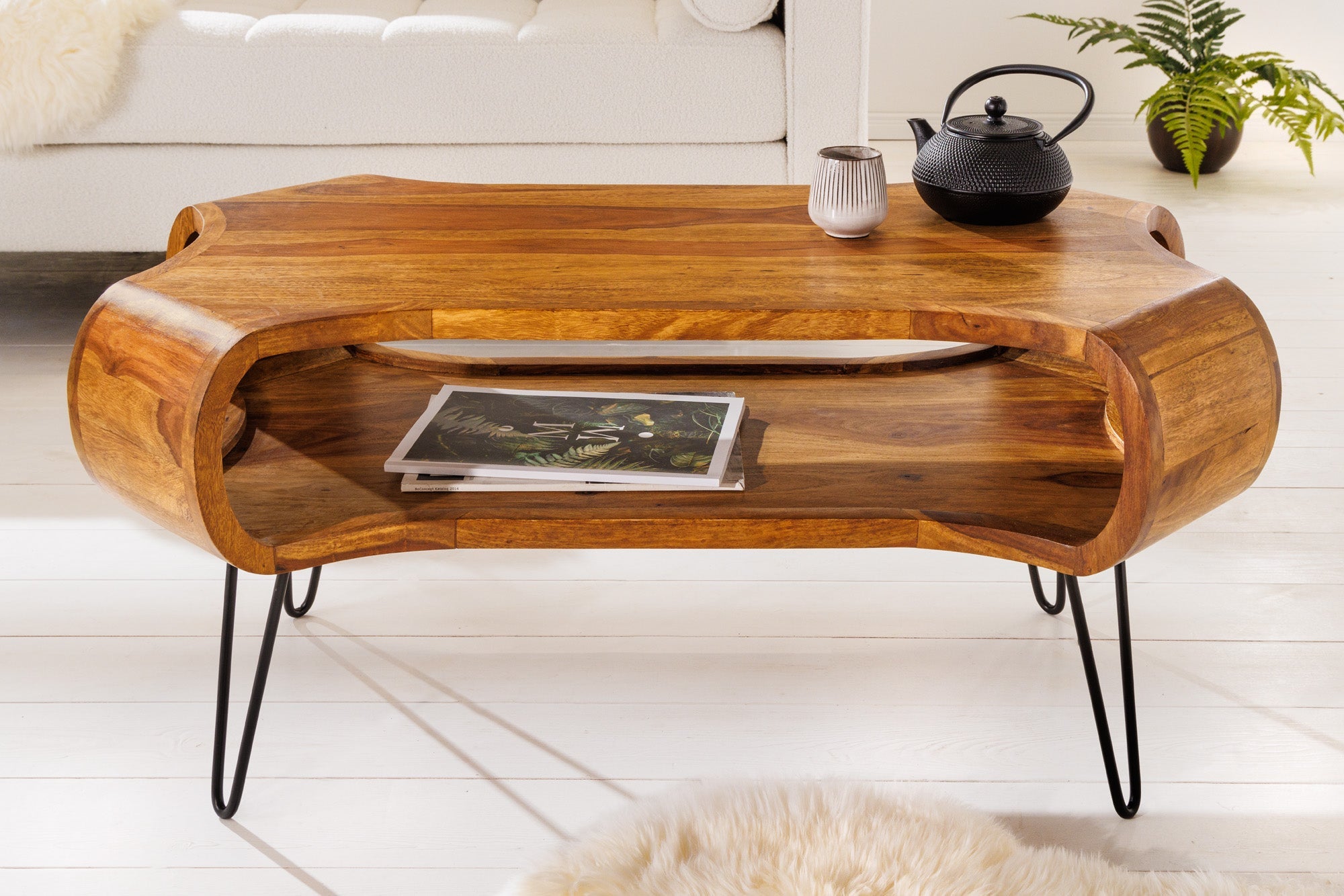 Table basse en bois massif ORGANIC LIVING 100cm finition pierre de Sheesham marron Pieds épingles