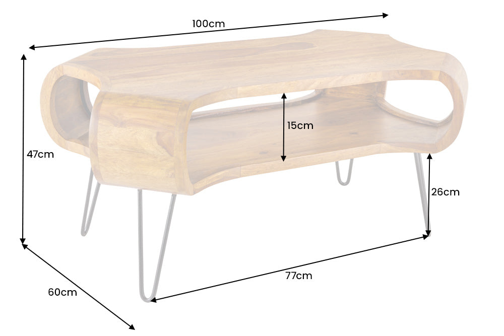 Table basse en bois massif ORGANIC LIVING 100cm finition pierre de Sheesham marron Pieds épingles