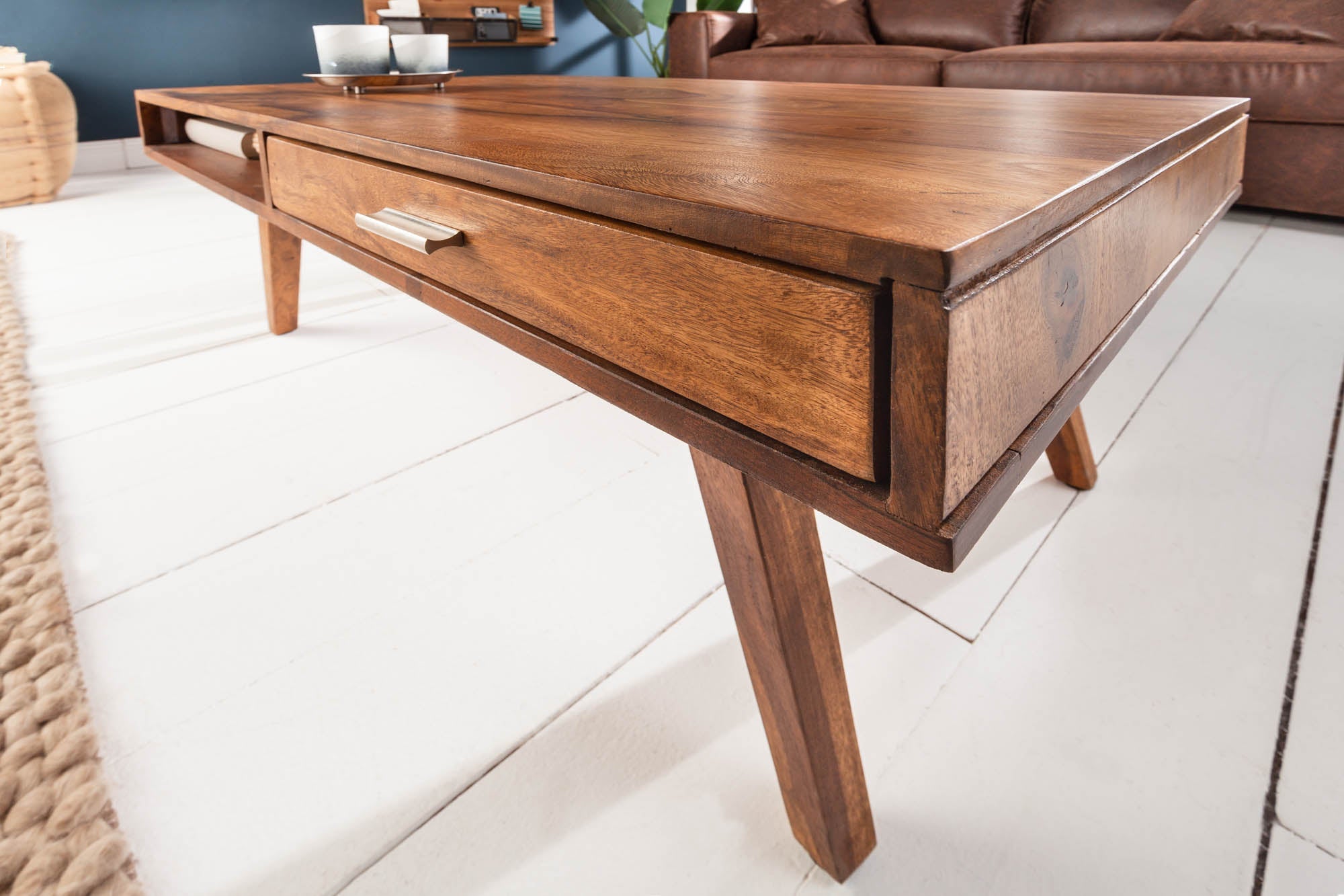 Table basse en bois massif RETRO 100cm marron finition pierre de Sheesham tiroirs fait main