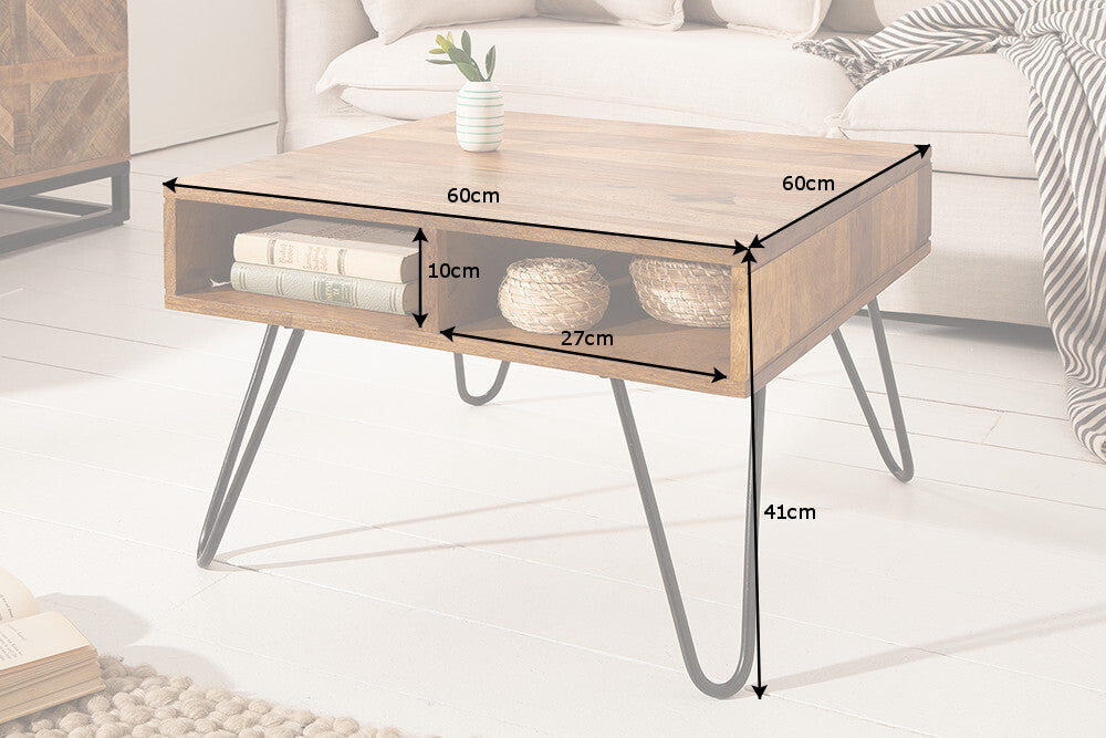 Table basse en bois massif SCORPION 60cm marron Finition pierre de Sheesham Espace de rangement Pieds épingles