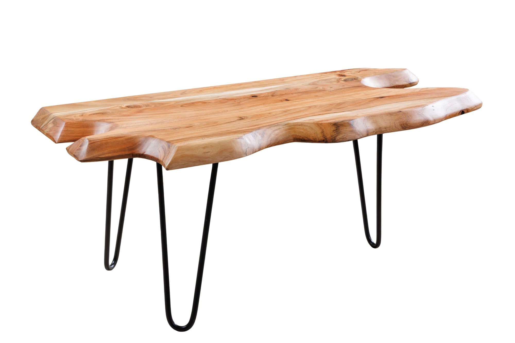 Table basse en bois massif WILD 100cm acacia naturel pieds épingles à cheveux bord d'arbre