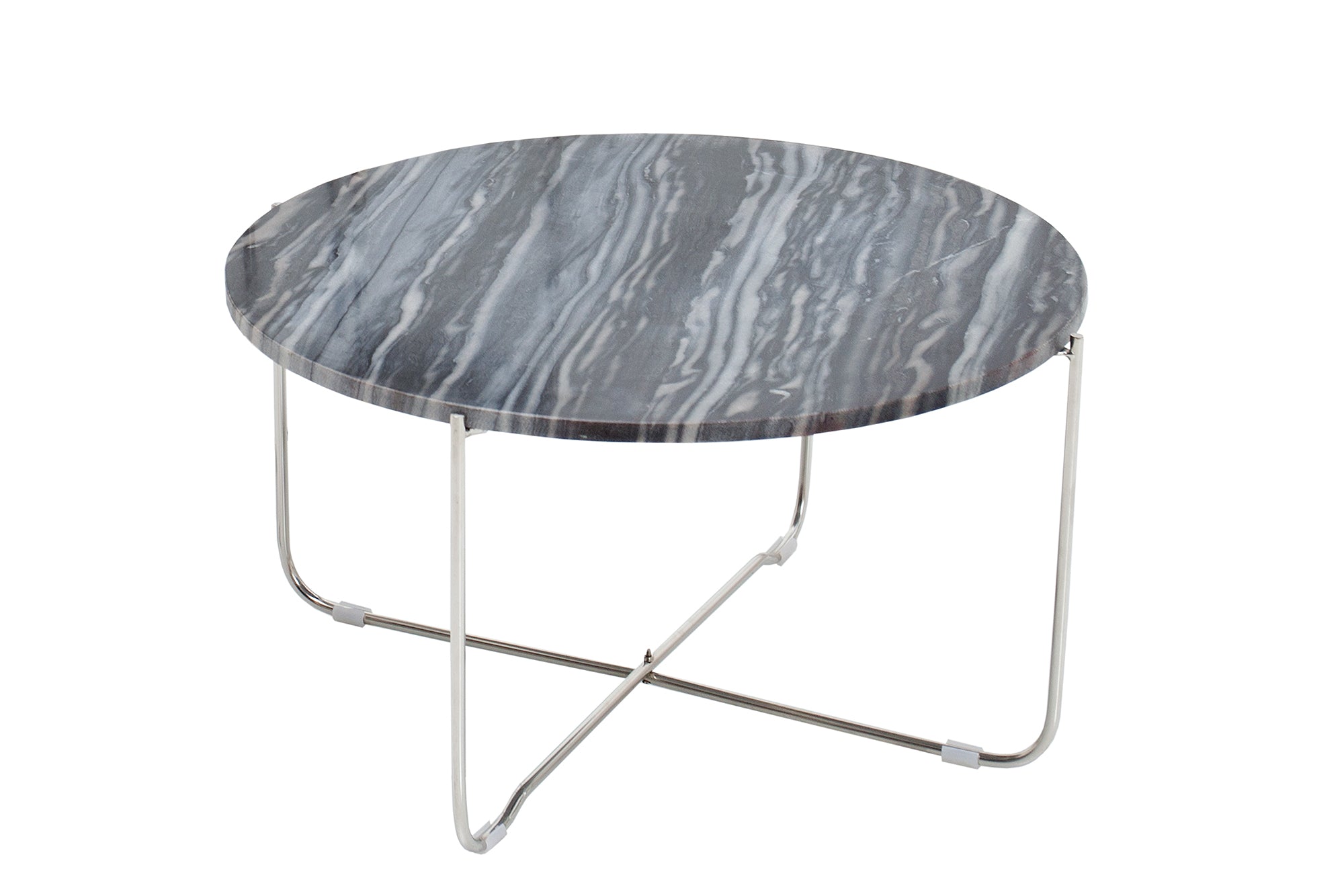 Exclusiva mesa de centro NOBLE 65cm redonda gris mármol auténtico metal plateado