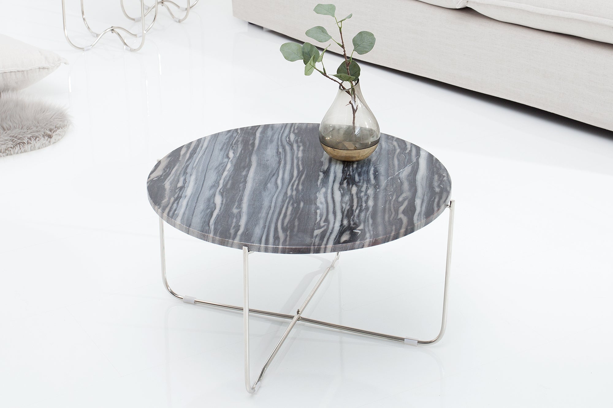 Exclusiva mesa de centro NOBLE 65cm redonda gris mármol auténtico metal plateado