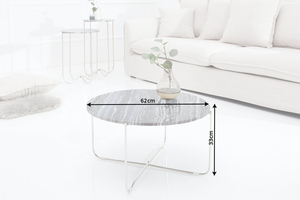 Exclusiva mesa de centro NOBLE 65cm redonda gris mármol auténtico metal plateado