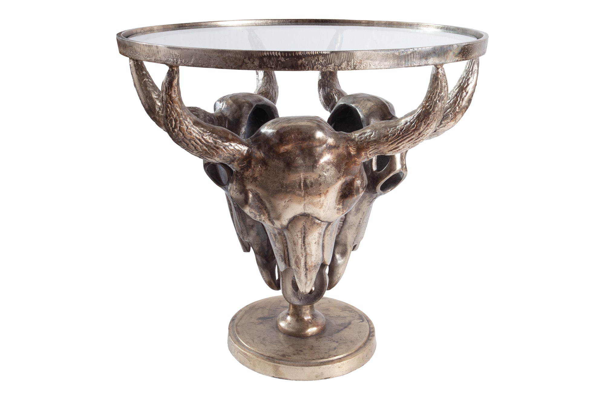Table basse extravagante MATADOR 56cm tête de taureau en bronze avec plateau en verre