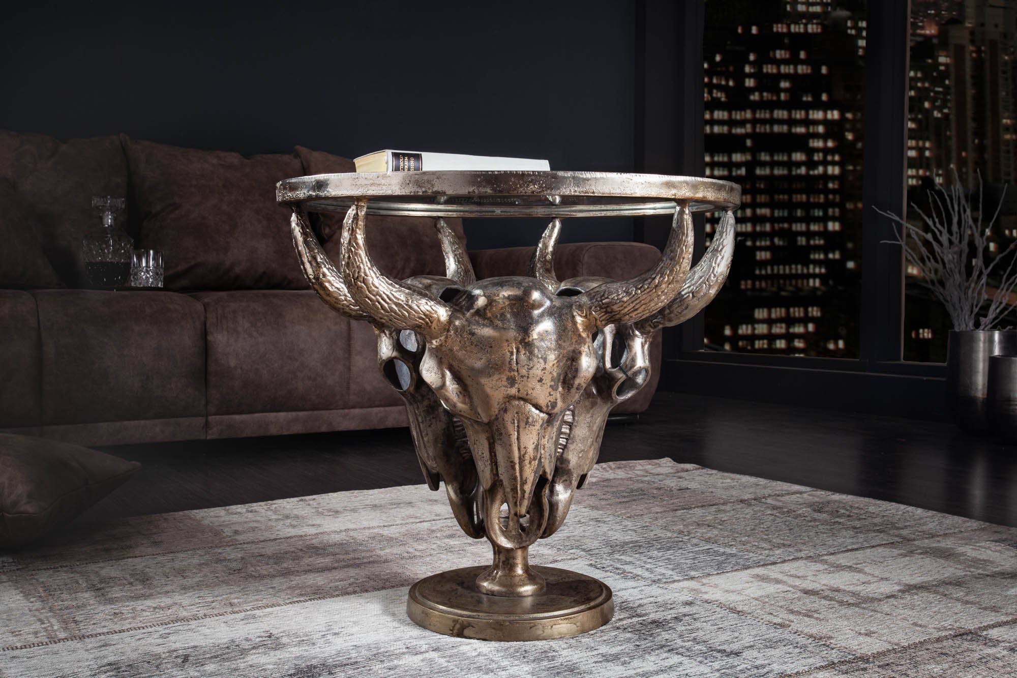 Table basse extravagante MATADOR 56cm tête de taureau en bronze avec plateau en verre
