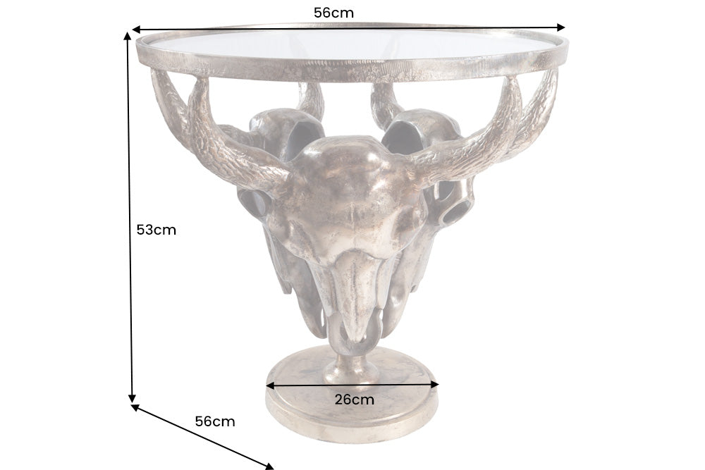 Table basse extravagante MATADOR 56cm tête de taureau en bronze avec plateau en verre