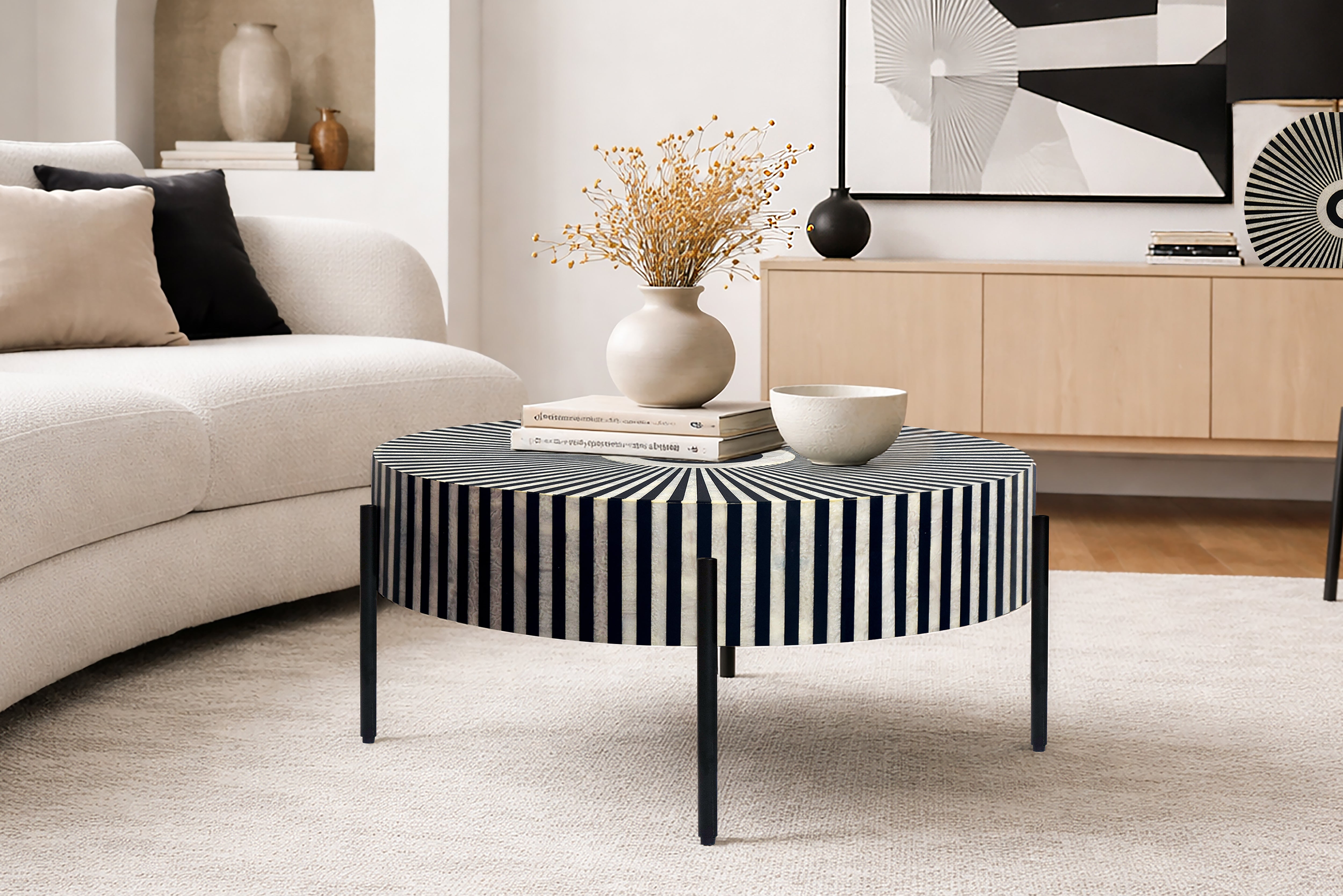 Table basse incrustation d’os HARMONY NATURE 65cm noir blanc intarsia artisanat