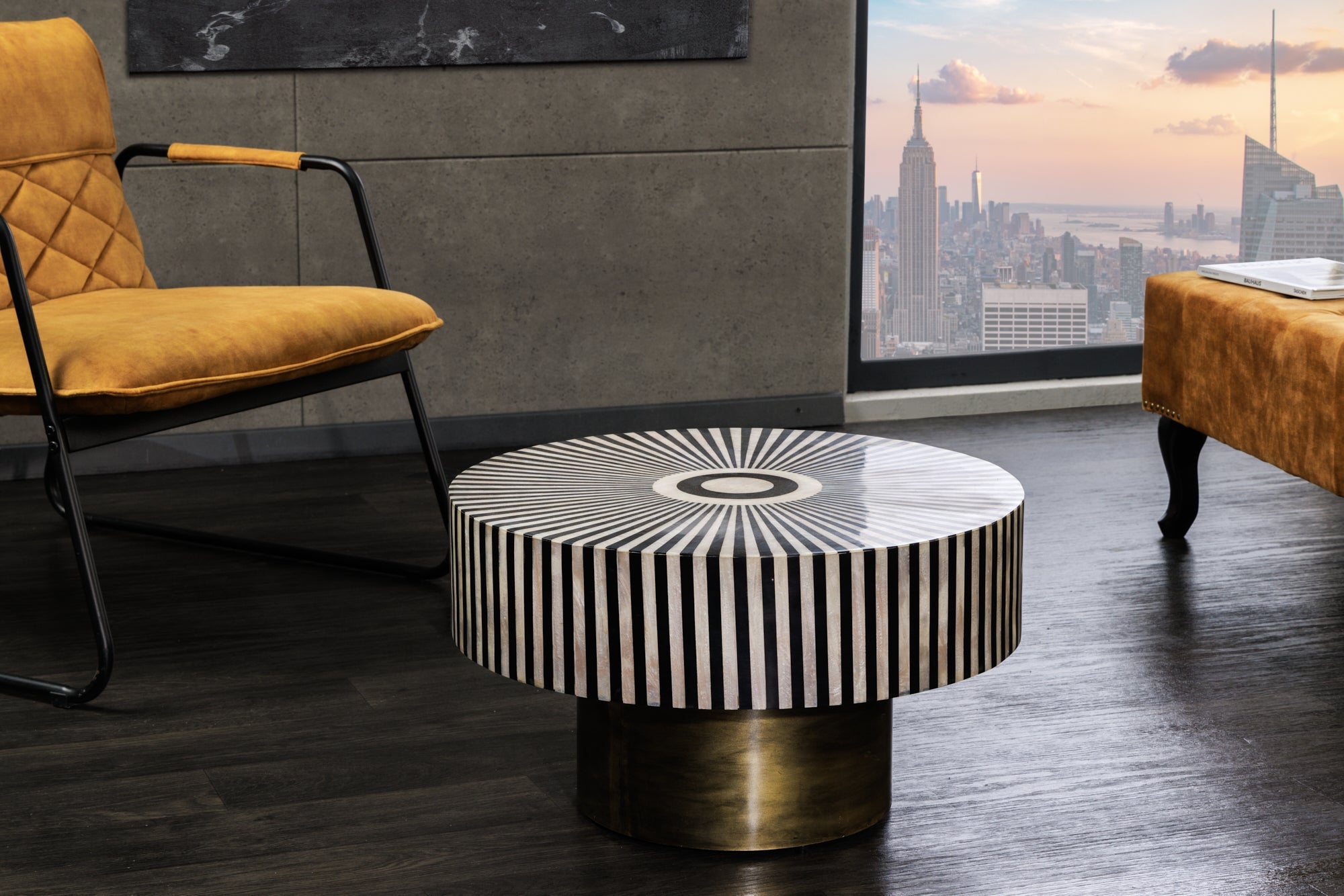 Table basse incrustée d’os HARMONY NATURE 60cm ronde noir blanc or incrusté artisanat