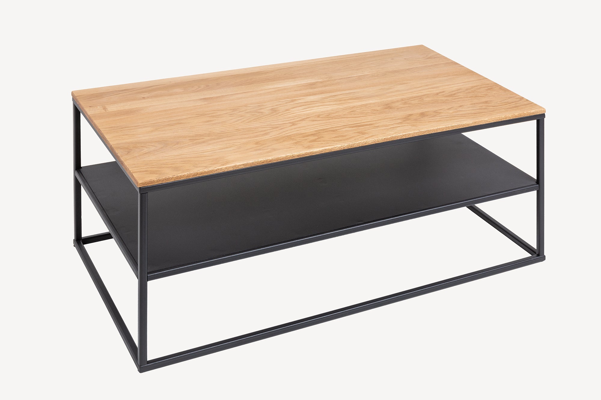 Table basse industrielle APPARTEMENT 95cm chêne massif huilé avec étagère structure métal noir