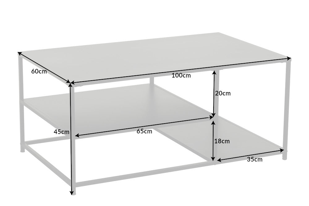 Table basse industrielle DURA STEEL 100cm en métal noir avec 2 compartiments de rangement