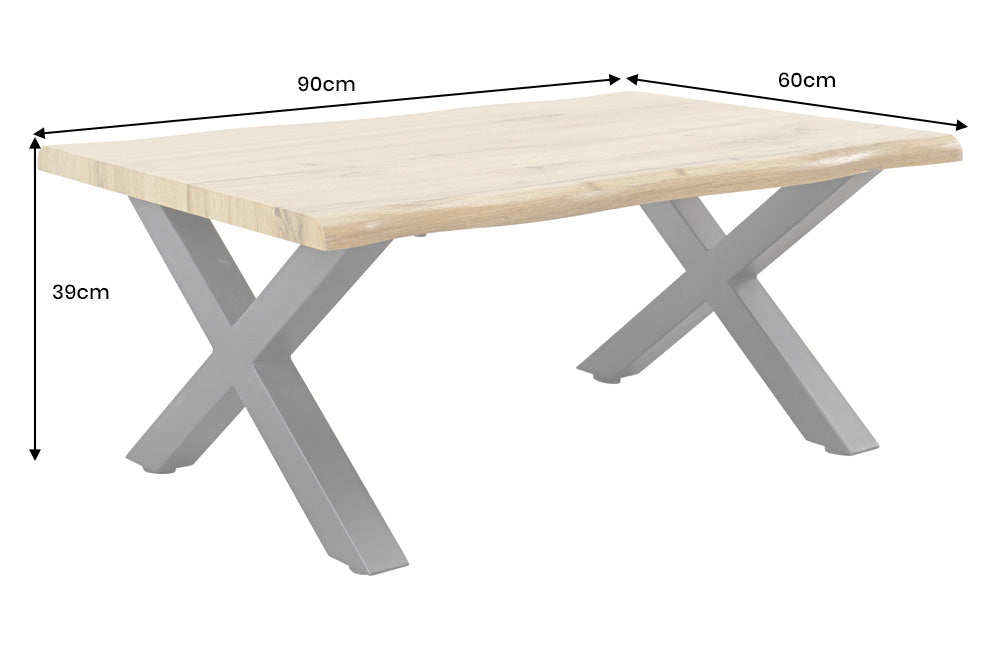 Table basse industrielle WILD 90cm aspect chêne sauvage marron bord d'arbre en métal noir