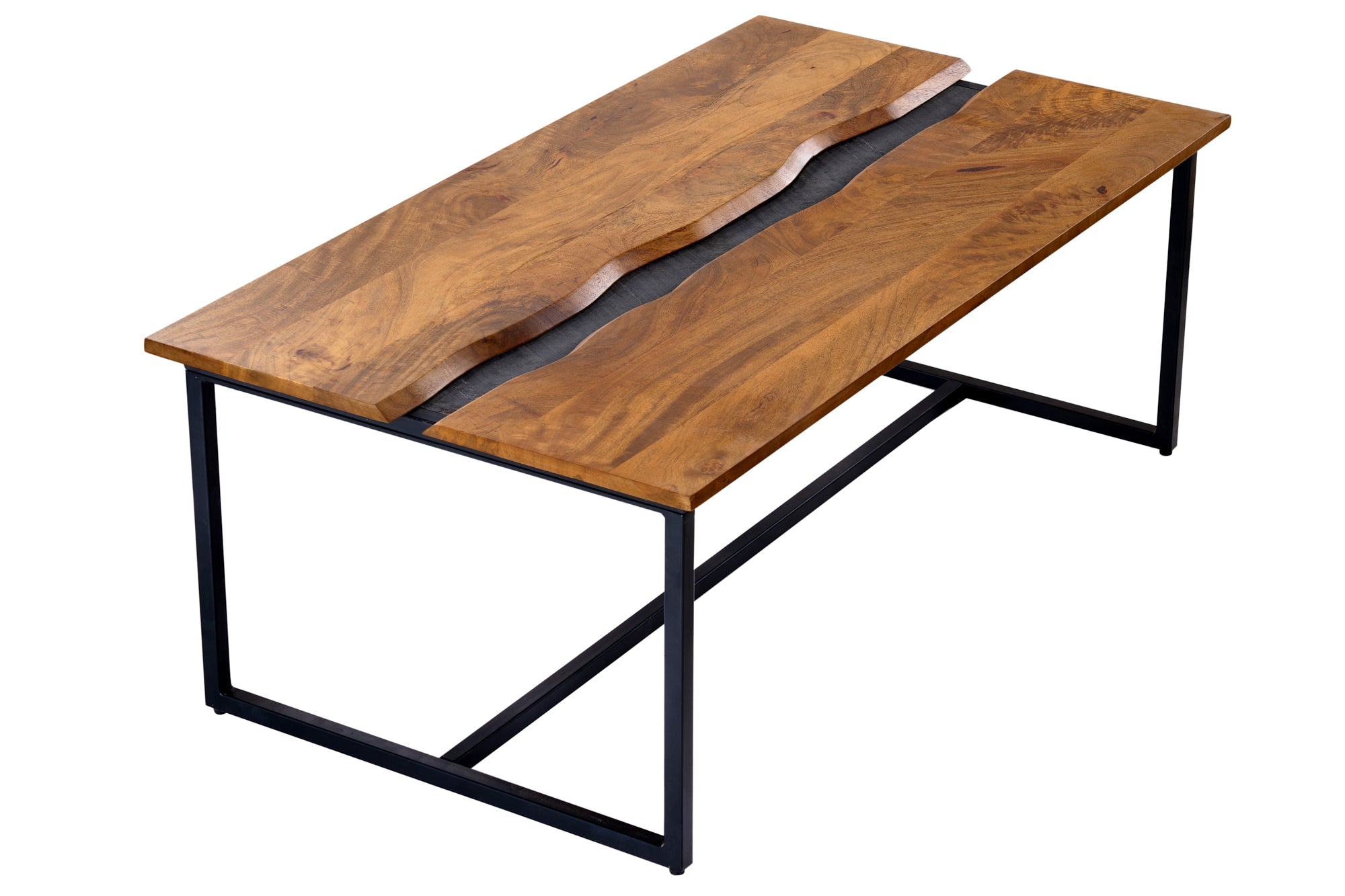 Table basse massive AMAZONAS 110cm bois de manguier métal noir bord d'arbre finition miel