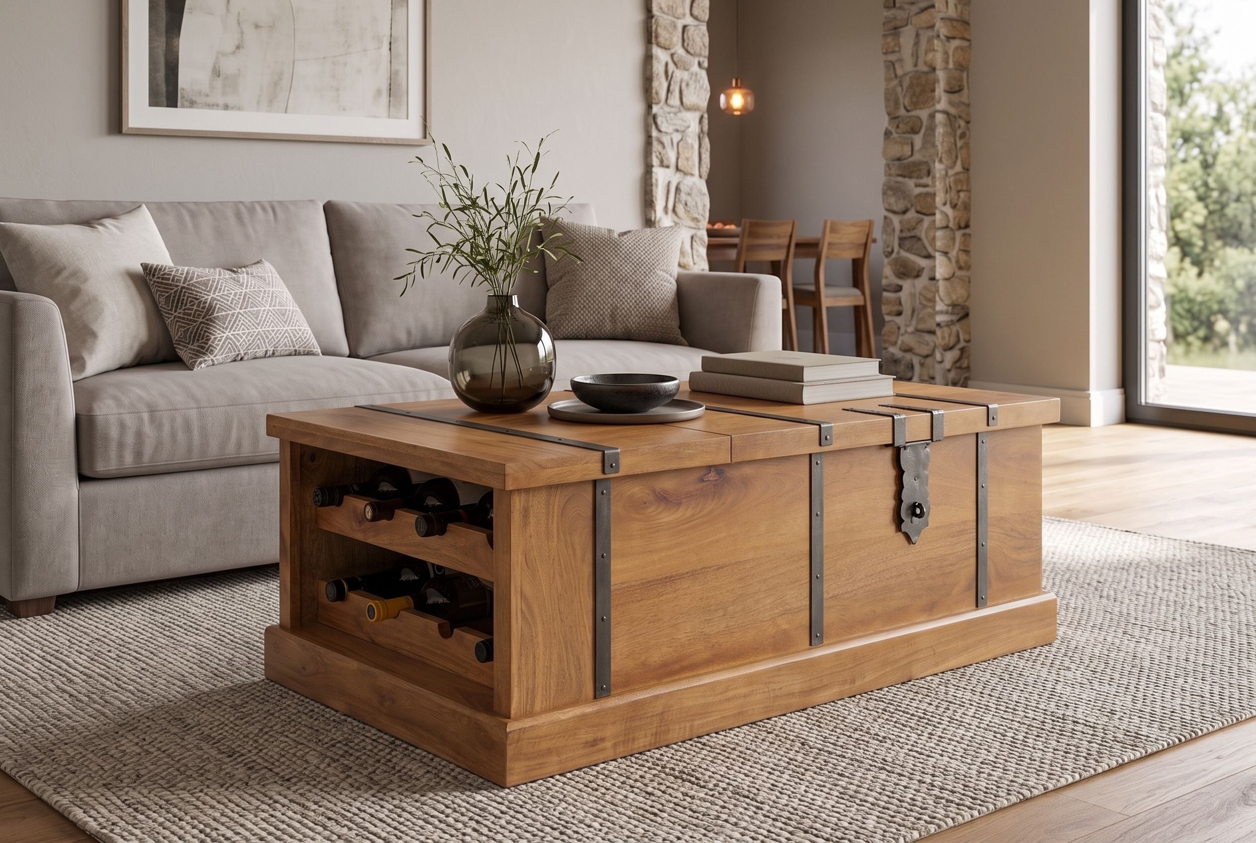 Table basse massive BODEGA 100cm finition miel marron manguier maison bar coffre rangement