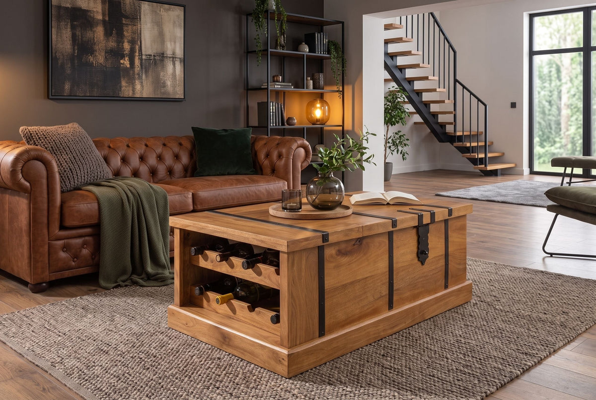 Table basse massive BODEGA 100cm finition miel marron manguier maison bar coffre rangement