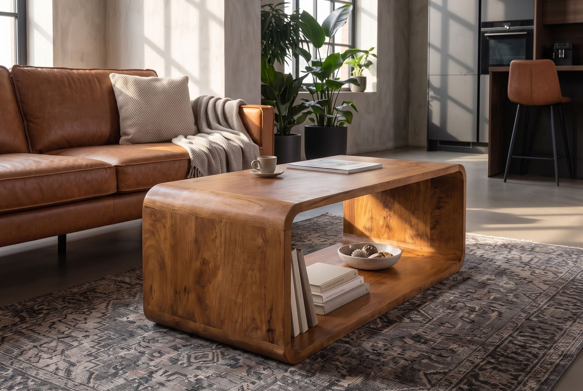 Table basse massive CUBUS 100cm marron finition miel bois de manguier fait main
