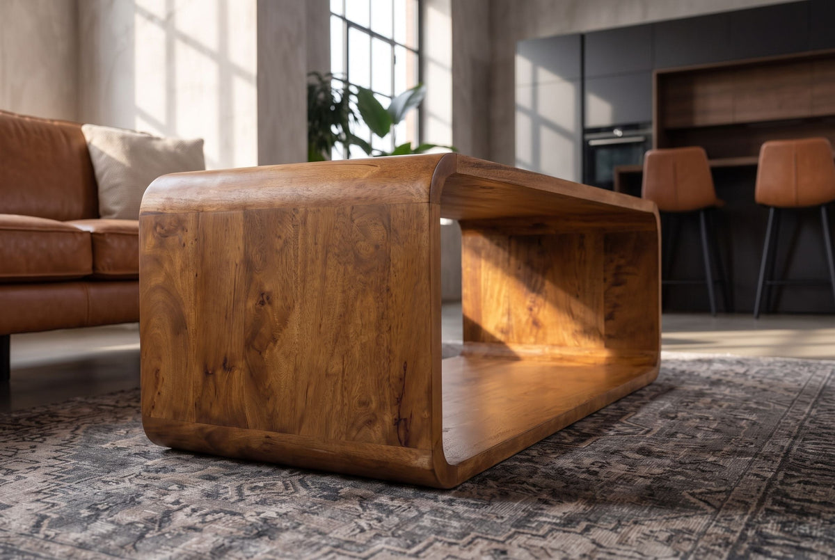 Table basse massive CUBUS 100cm marron finition miel bois de manguier fait main