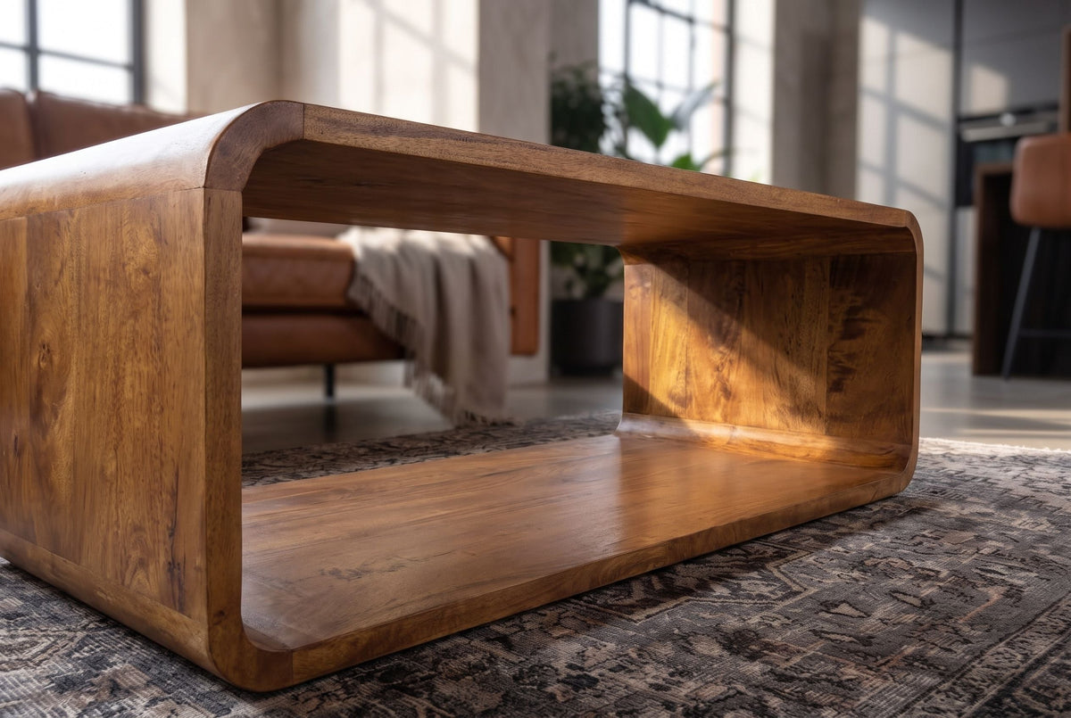 Table basse massive CUBUS 100cm marron finition miel bois de manguier fait main