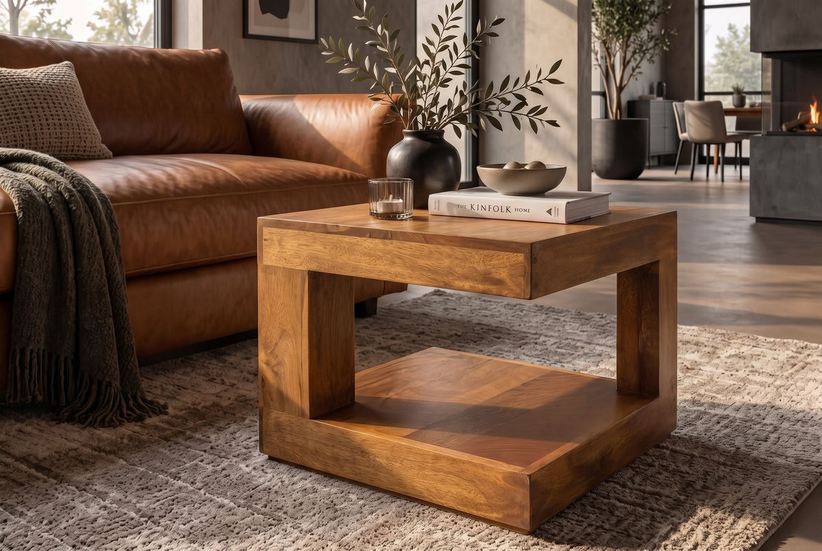 Table basse massive GIANT 45cm en bois de manguier finition miel marron avec rangement