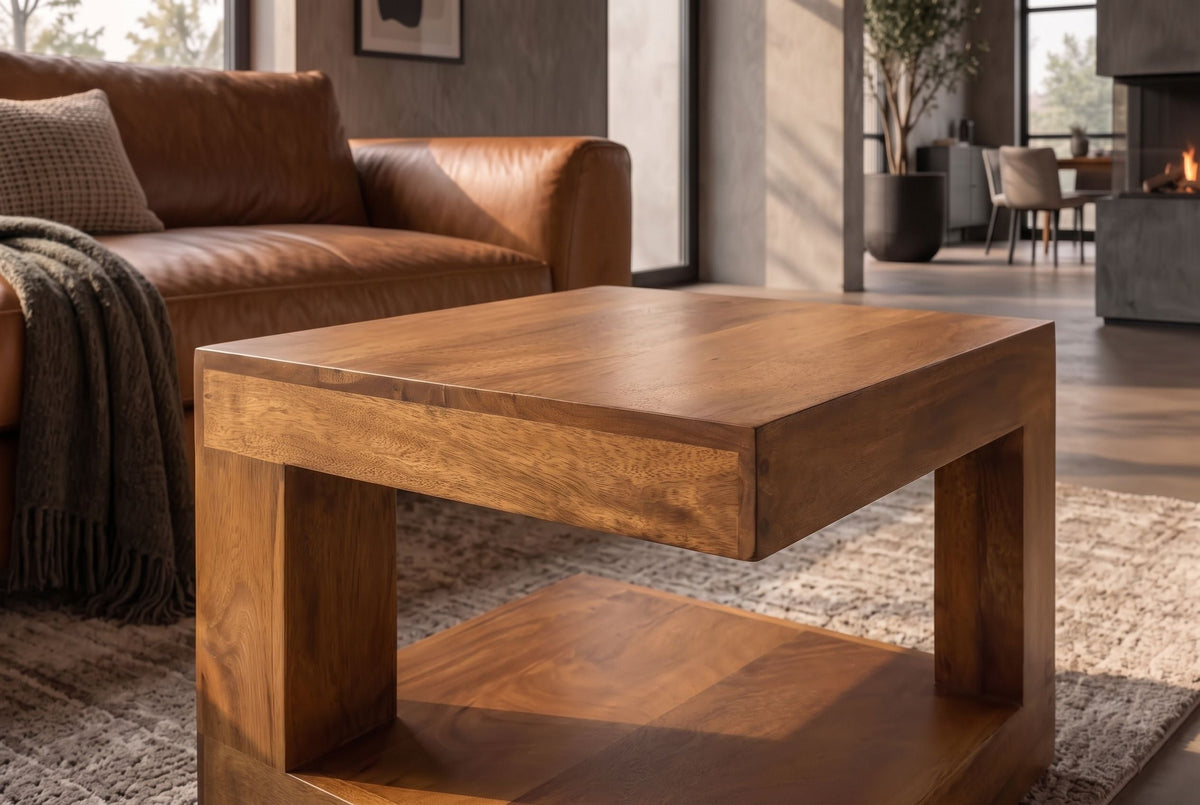 Table basse massive GIANT 45cm en bois de manguier finition miel marron avec rangement
