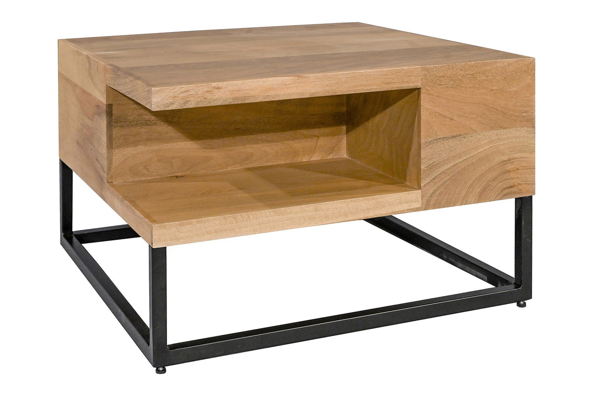 Table basse massive GIANT 60cm en manguier naturel finition crème métal étagère noire
