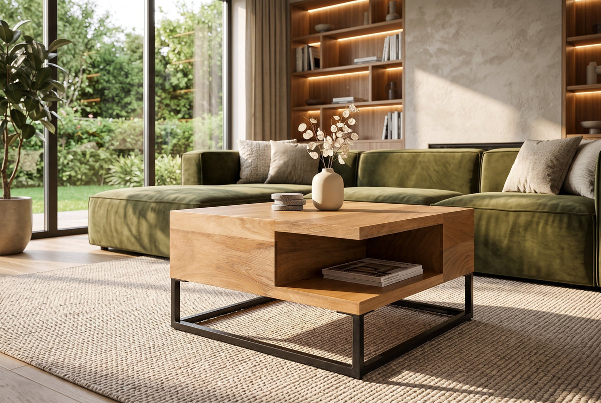 Table basse massive GIANT 60cm en manguier naturel finition crème métal étagère noire