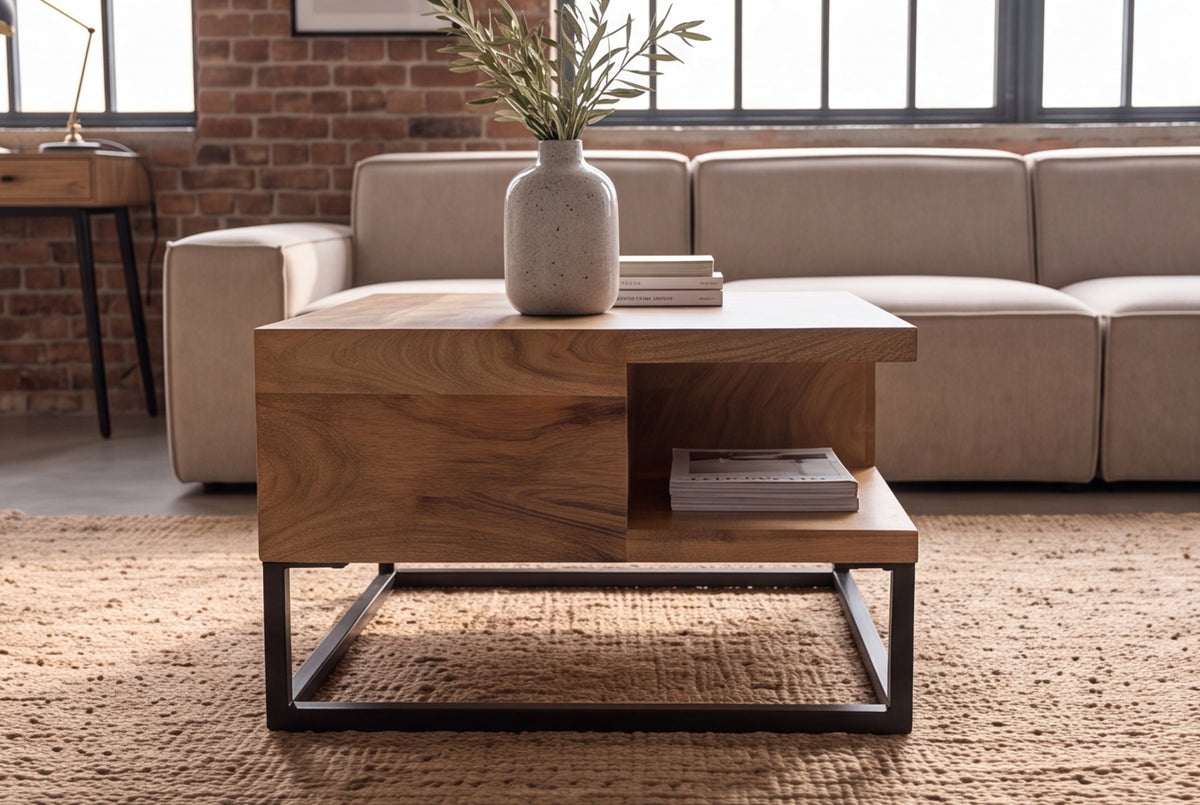 Table basse massive GIANT 60cm en manguier naturel finition crème métal étagère noire