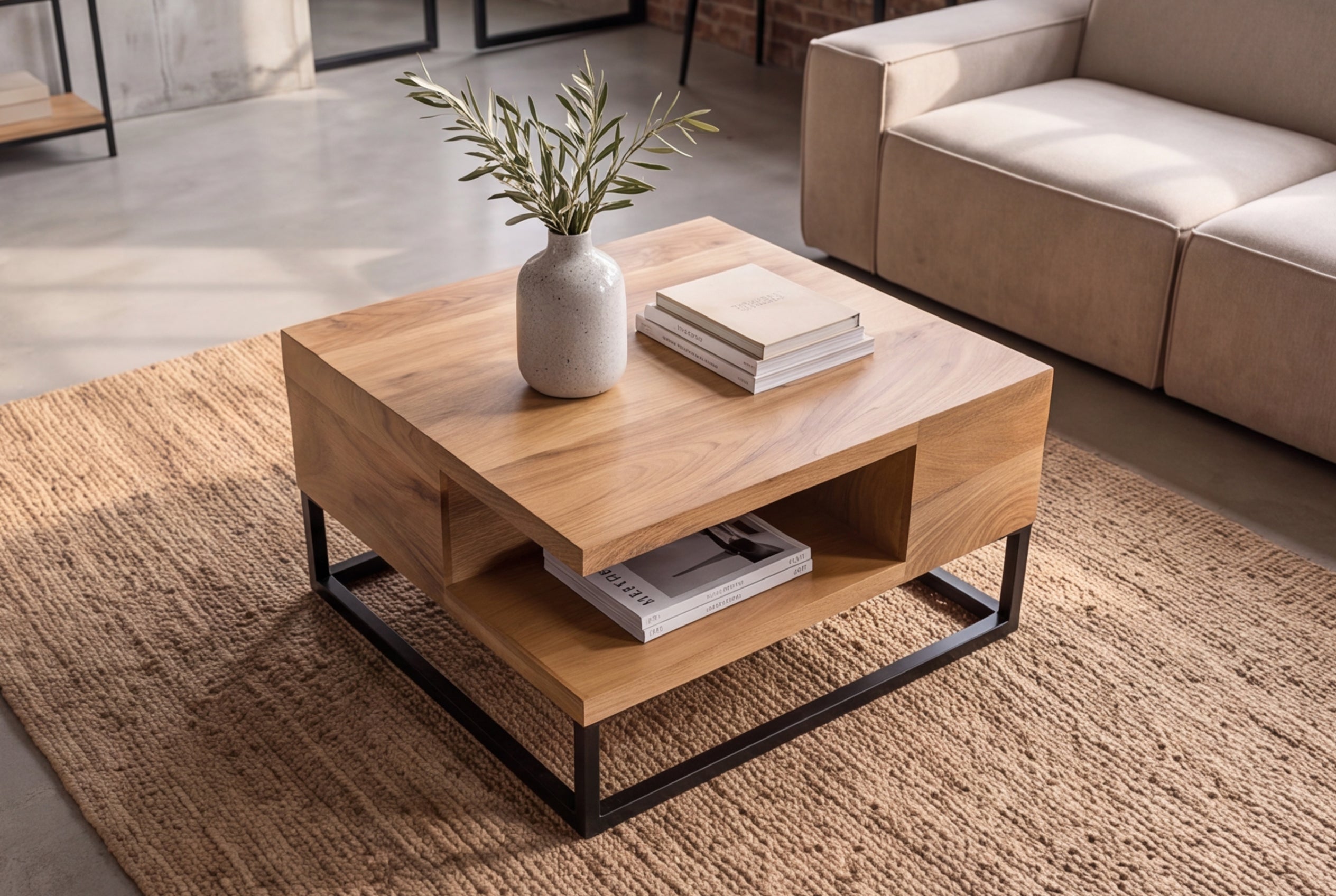 Table basse massive GIANT 60cm en manguier naturel finition crème métal étagère noire