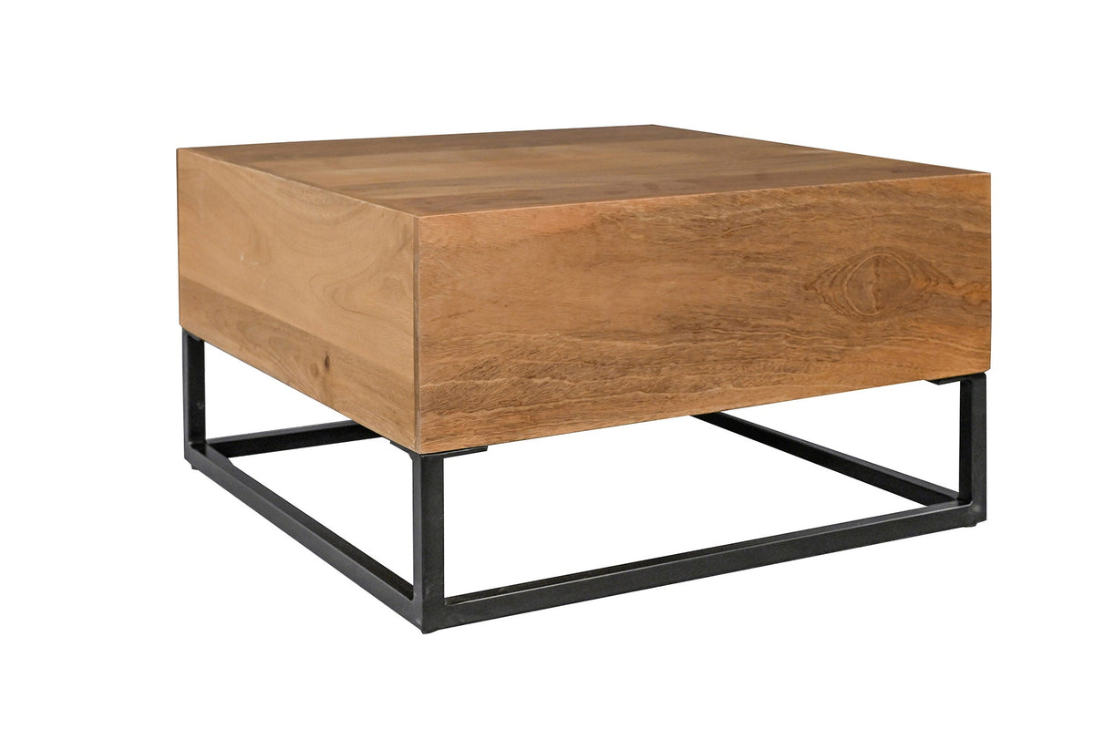 Table basse massive GIANT 60cm en manguier naturel finition crème métal étagère noire